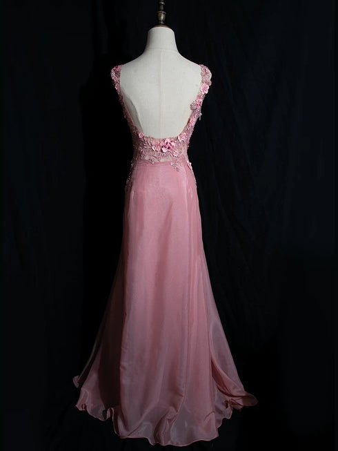 Blush Pink Evening Gown - Embellished Floral Dress - Romantic Lace Low back Evening Dress